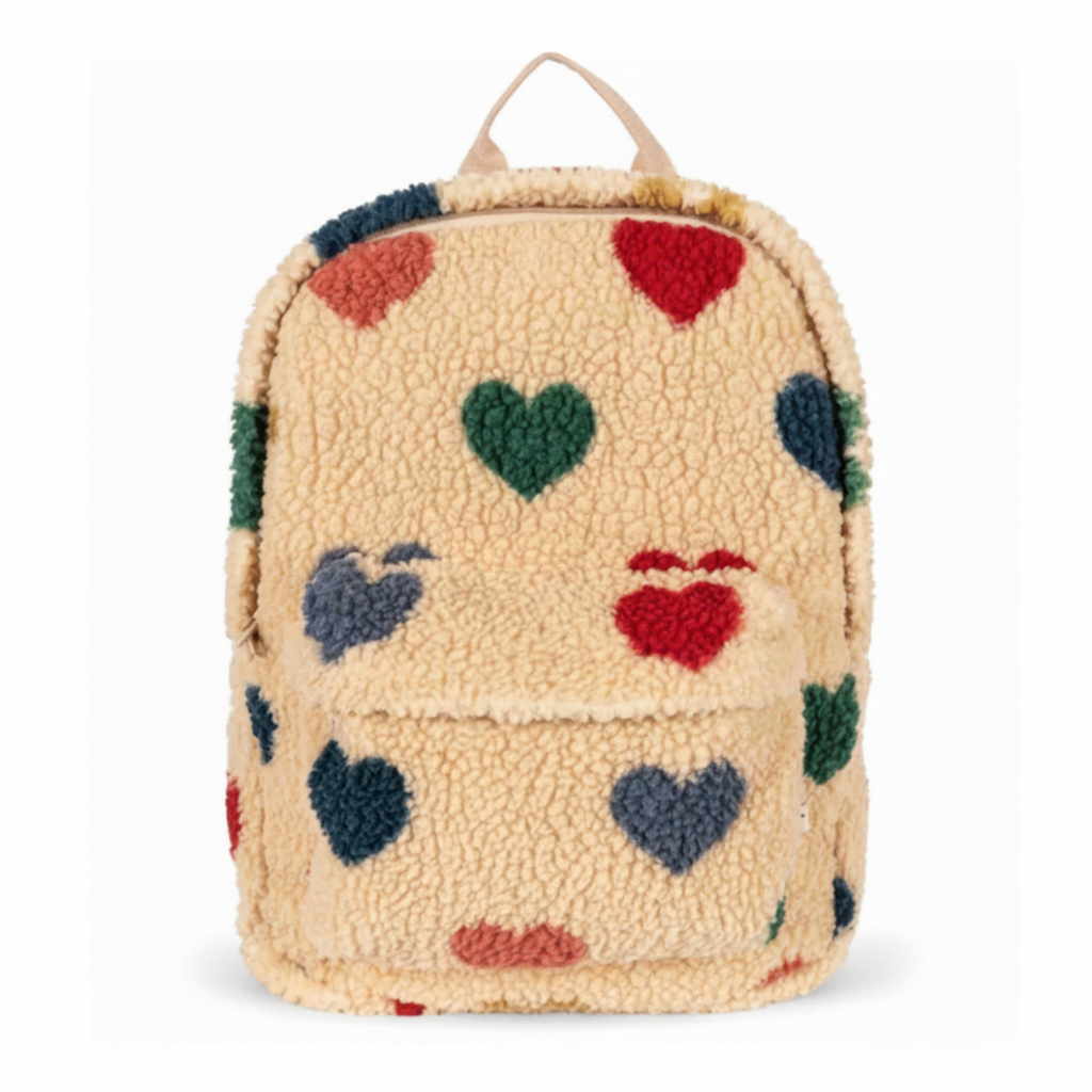 Front view of the beige teddy backpack with colorful hearts and a zippered front pocket