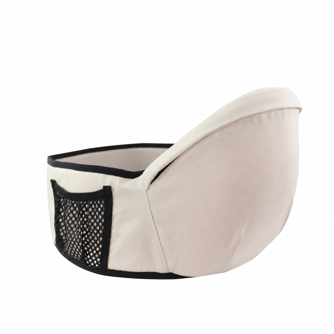 Beige hip carry seat with a black mesh side pocket