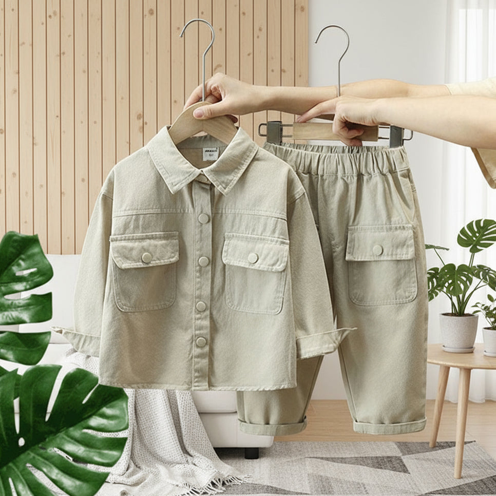 Front view of the beige jacket and pants set with flap pockets