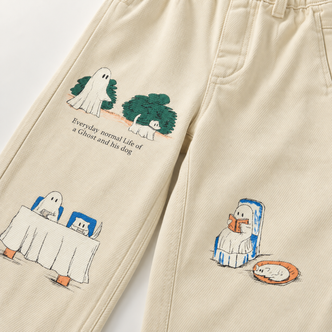 Close-up of small ghost character scenes printed on beige kids&