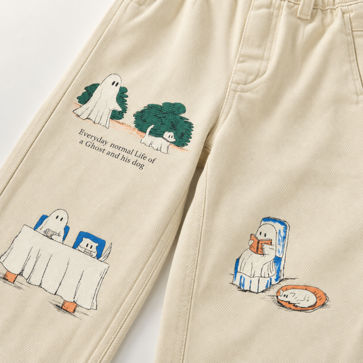 Close-up of small ghost character scenes printed on beige kids&