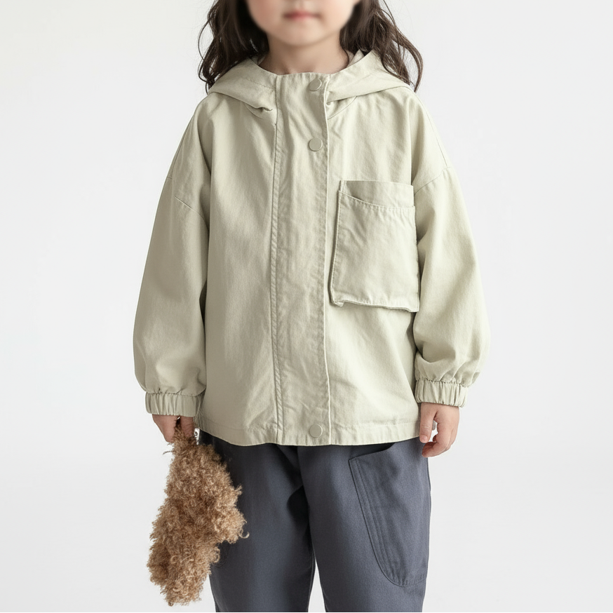 Child wearing a beige parka with a hood, chest pocket, and elastic cuffs
