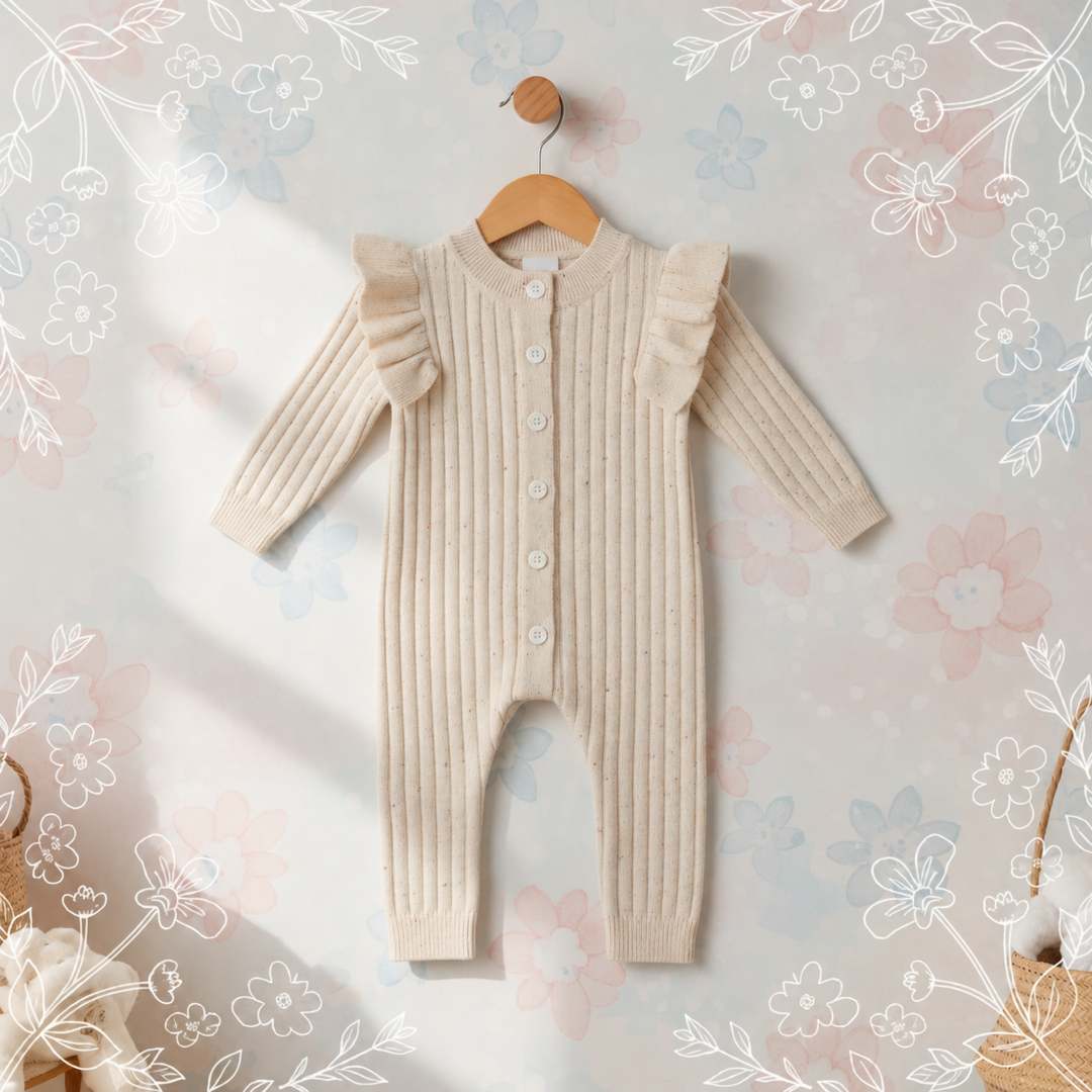 Beige ribbed baby romper with long sleeves and wing-style shoulder ruffles on a wooden hanger