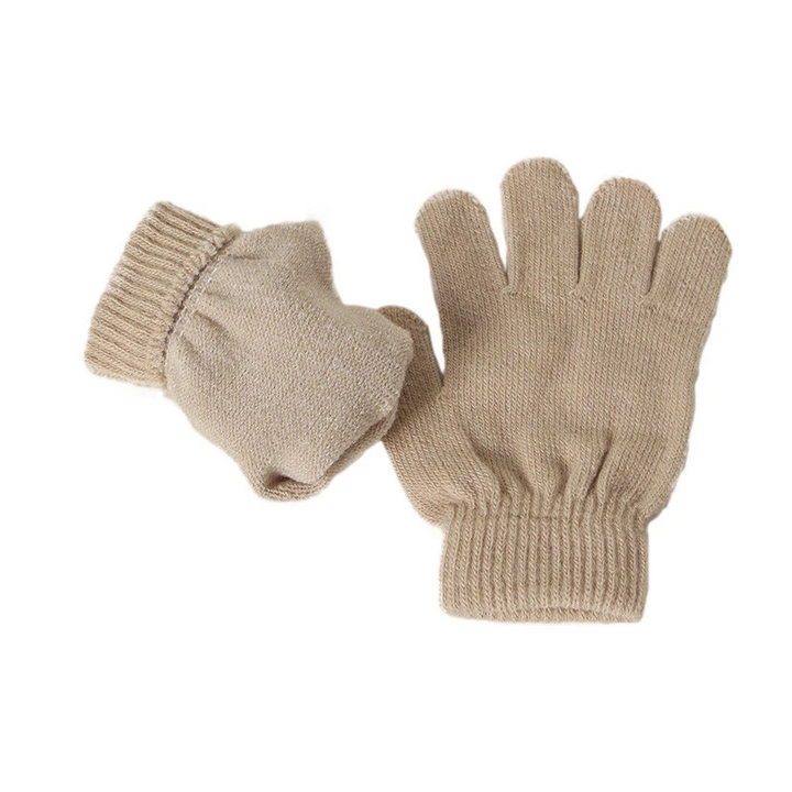 Beige knitted gloves showing the palm, fingers, and ribbed cuffs
