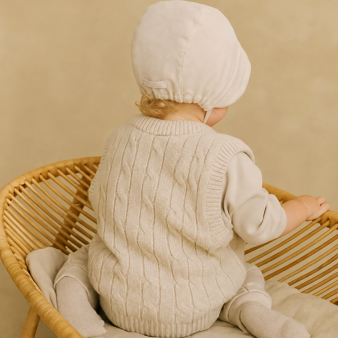 Back view of a beige cable-knit vest layered over a long-sleeve top