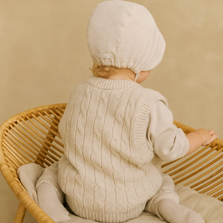Back view of a beige cable-knit vest layered over a long-sleeve top