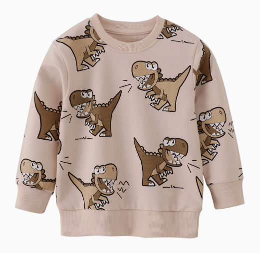 Beige sweatshirt with large brown cartoon dinosaurs