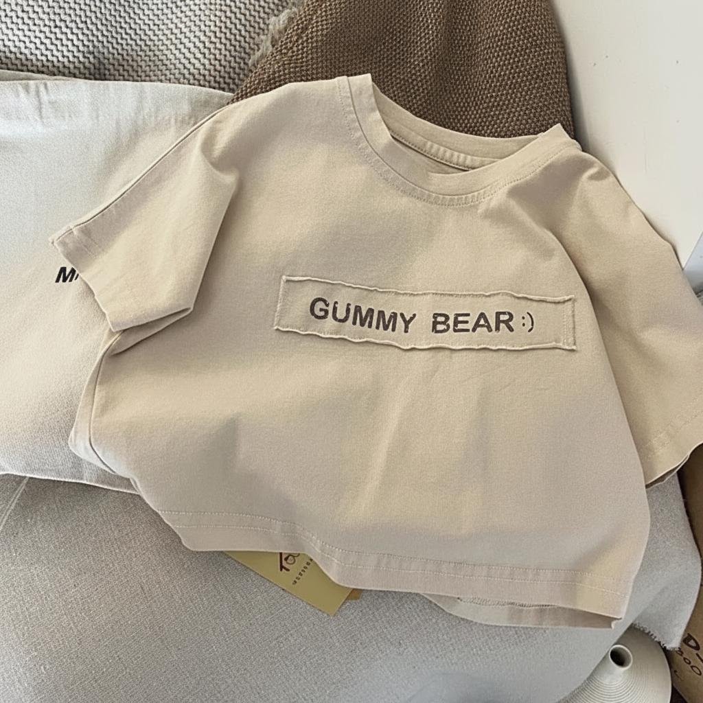 Beige Gummy Bear T-shirt resting on a chair cushion