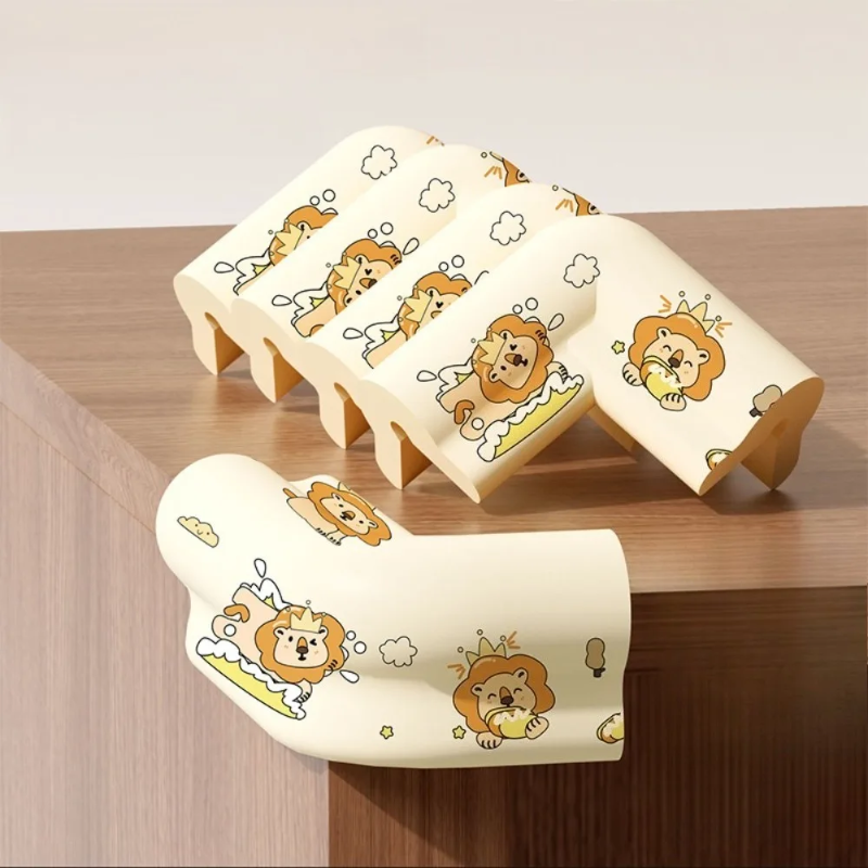 Five beige lion-print corner covers displayed on a wooden cabinet.