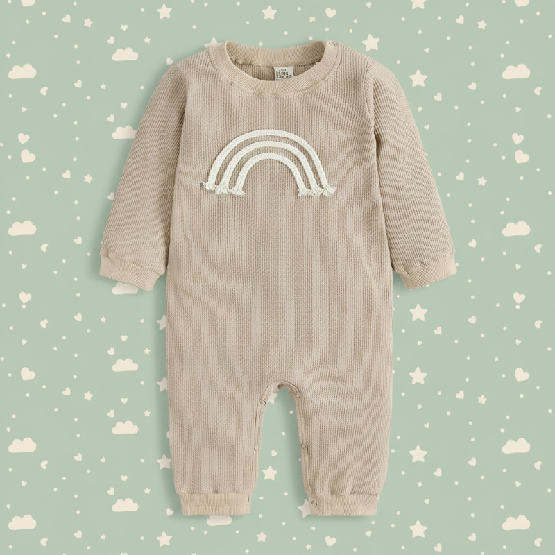 Beige rainbow baby romper with long sleeves, full-length legs, and cuffed ankles