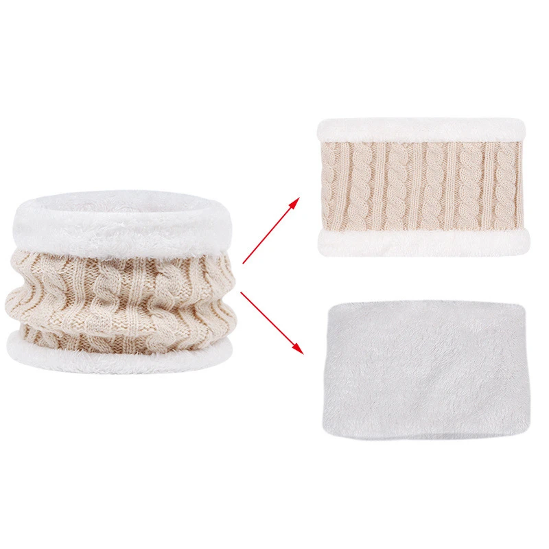 Beige loop scarf with separate views of its cable-knit exterior and white plush inner layer