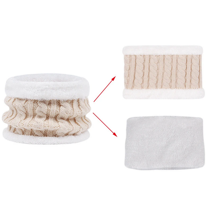 Beige loop scarf with separate views of its cable-knit exterior and white plush inner layer