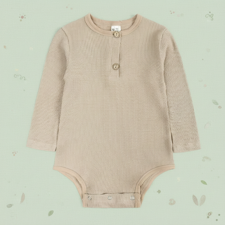 Beige neutral ribbed long-sleeve baby bodysuit with neckline buttons and bottom snaps