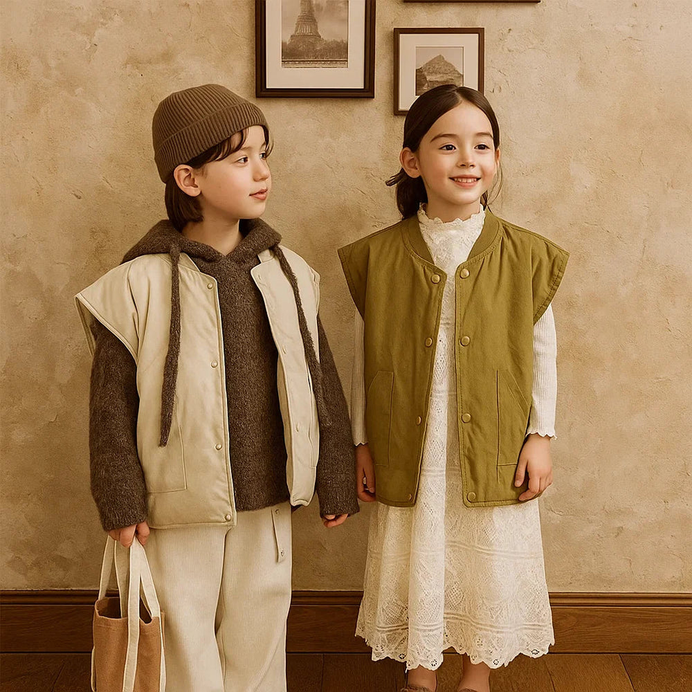 Two children standing indoors in beige and olive green vests over layered outfits.