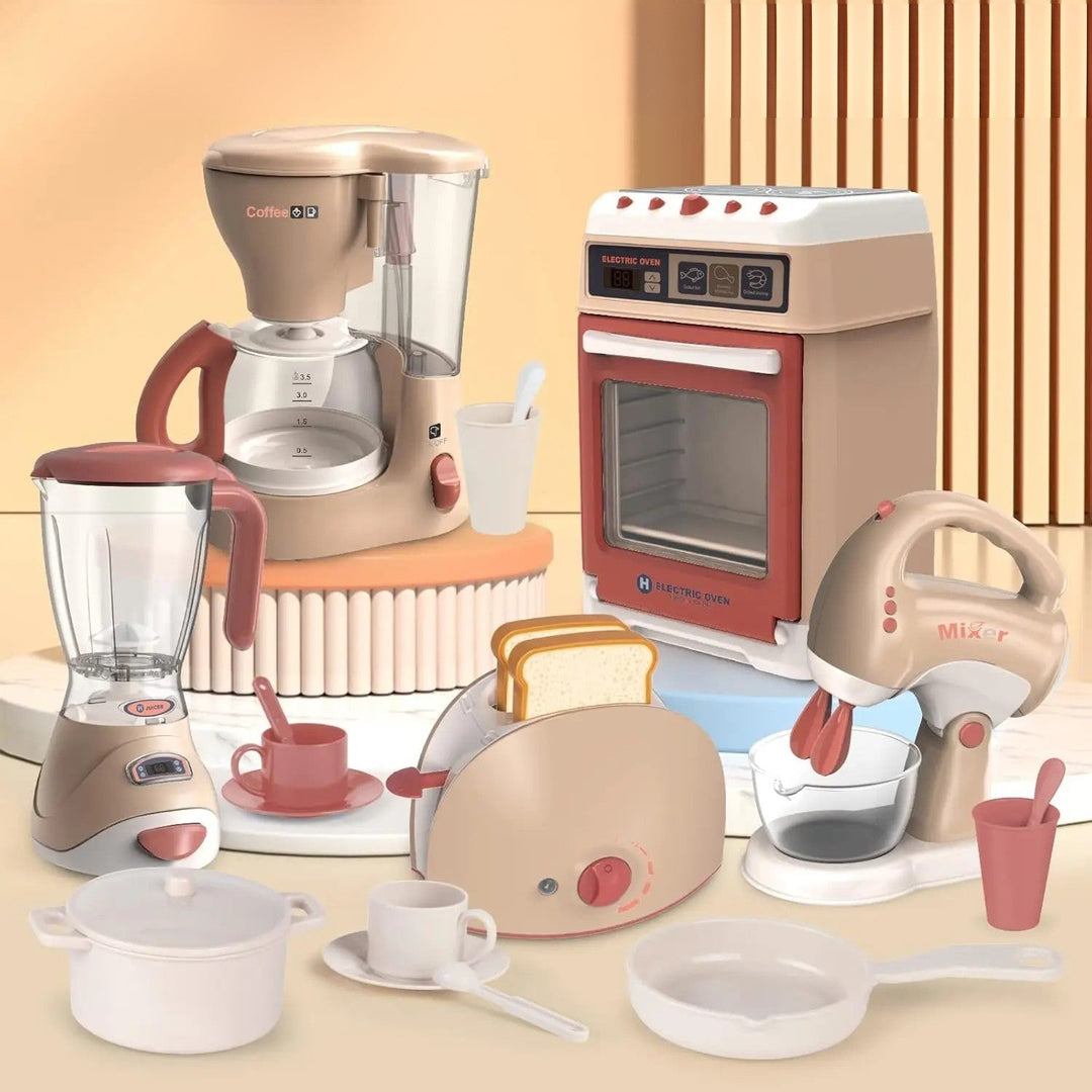 Beige and pink toy kitchen appliances with a blender, coffee maker, toaster, mixer, and play cookware.