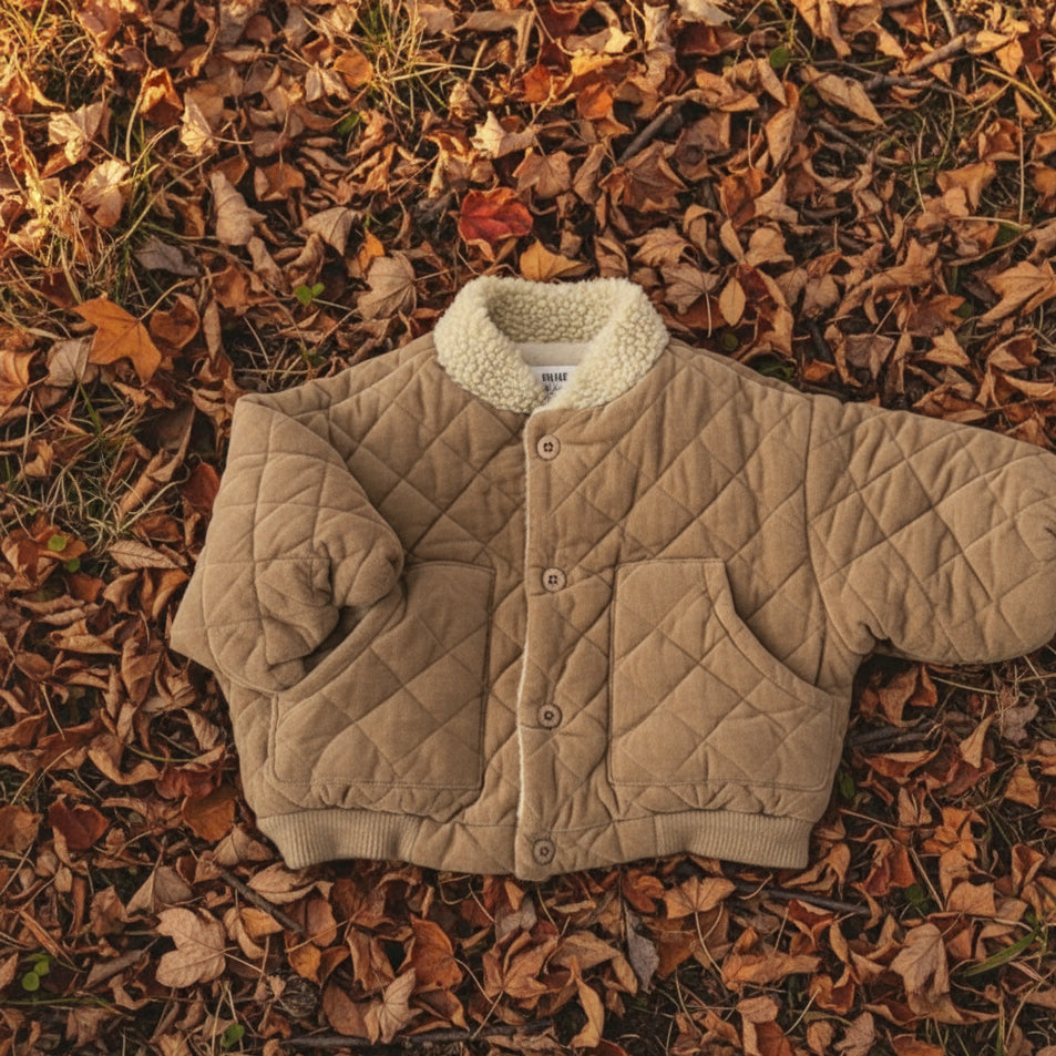 Beige quilted coat with a sherpa collar laid on autumn leaves