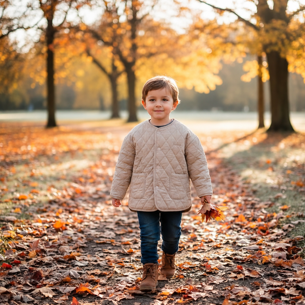 Child wearing a beige diamond-quilted jacket on a leaf-covered path
