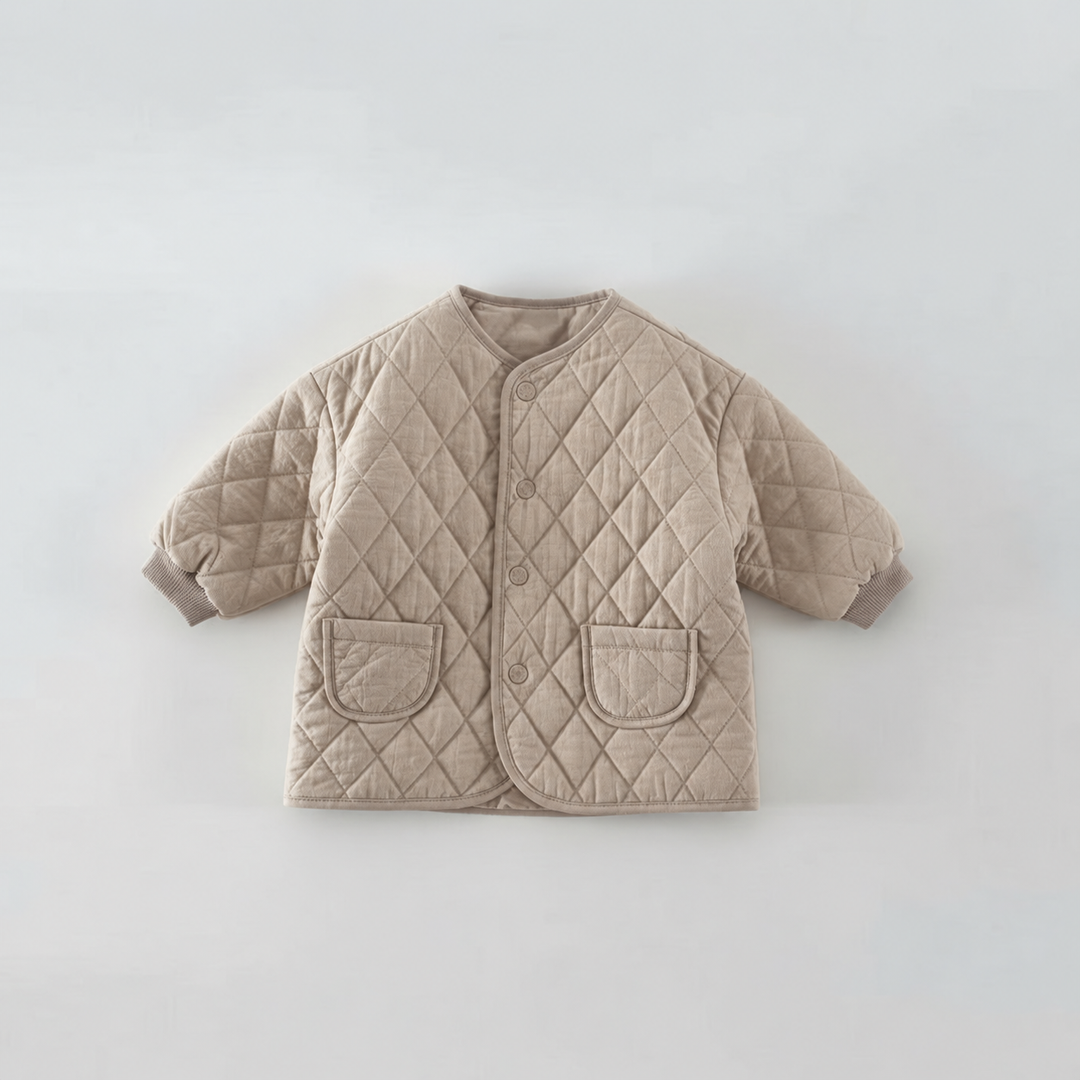 Front view of a beige diamond-quilted jacket with snaps and two patch pockets