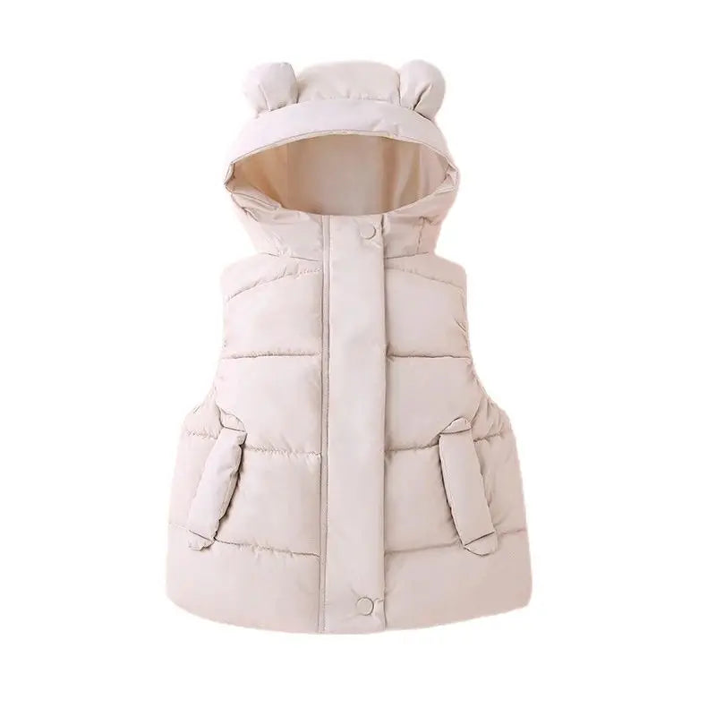Beige quilted vest with a bear-ear hood, shown from the front