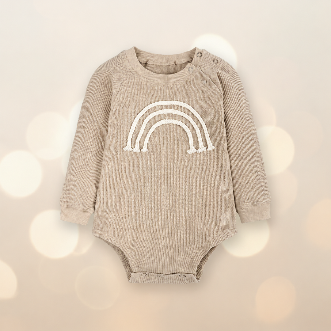 Beige long-sleeve rainbow baby bodysuit with shoulder snaps