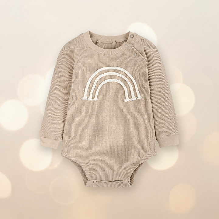 Beige long-sleeve rainbow baby bodysuit with shoulder snaps