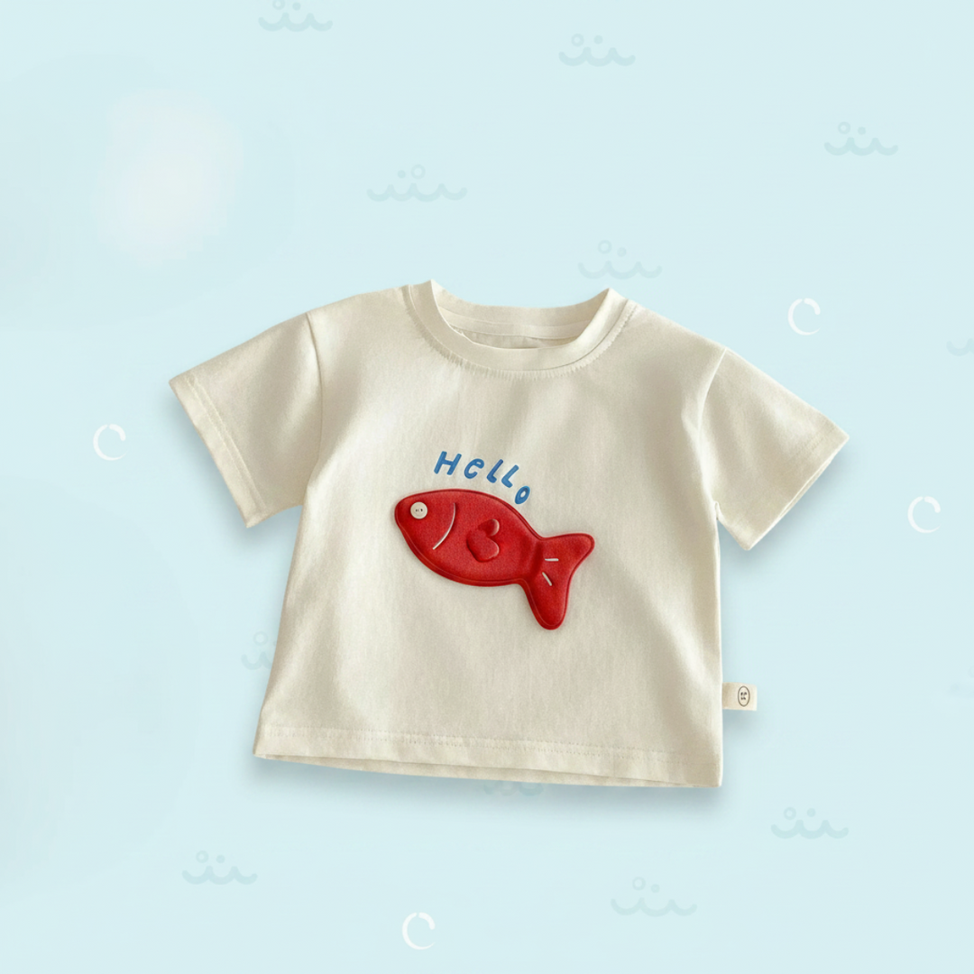 Beige crew-neck T-shirt with a raised red fish patch