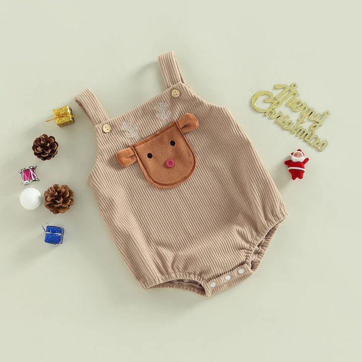 Beige ribbed baby romper with reindeer design and buttoned shoulder straps