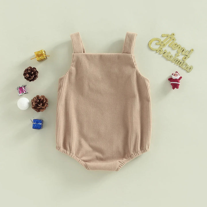 Back of beige ribbed baby romper with sleeveless overall styling