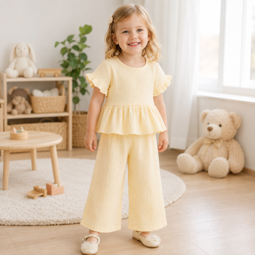 Girl wearing the beige ruffle-sleeve top and matching wide-leg pants