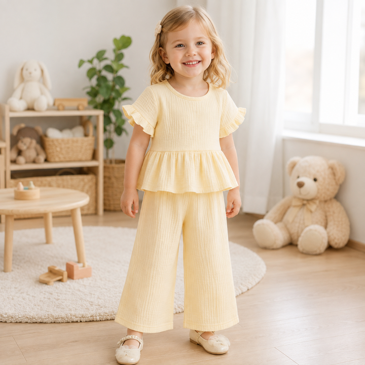 Girl wearing the beige ruffle-sleeve top and matching wide-leg pants