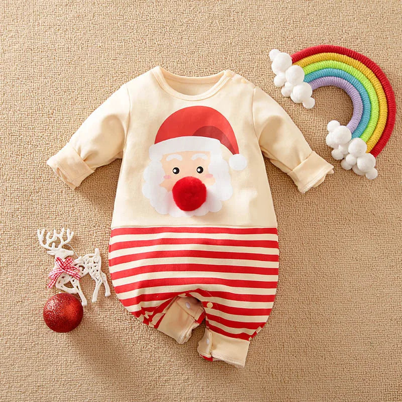 Beige baby romper with a Santa face and a red-and-white striped lower half