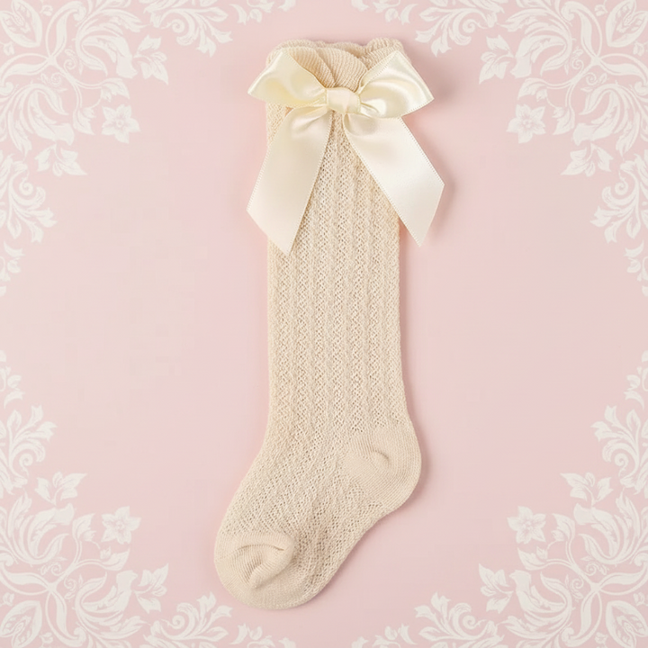 Beige pointelle knee-high sock with a matching satin bow