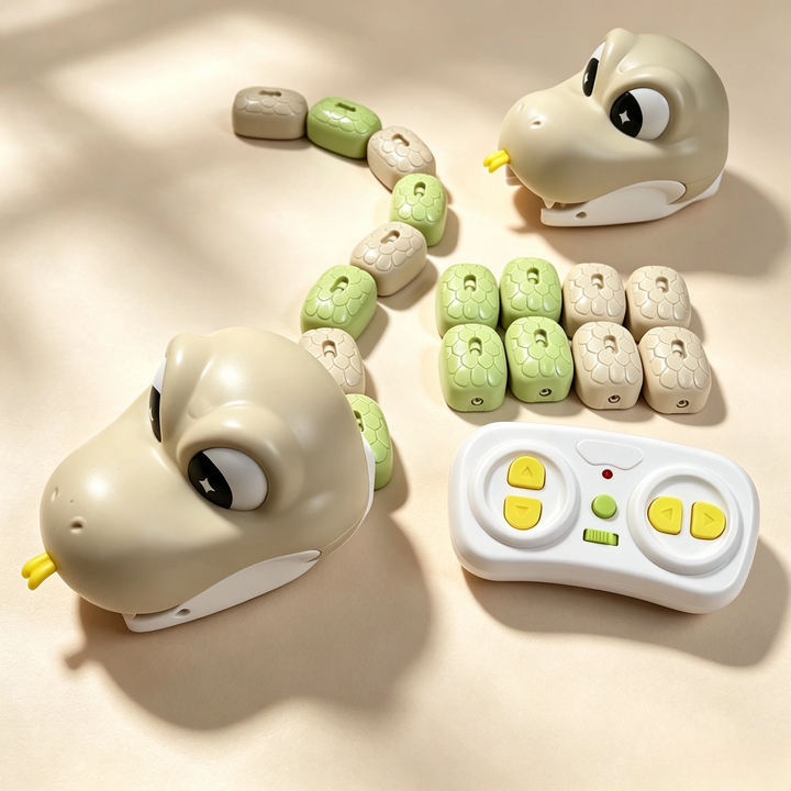 Beige snake toy arrangement with loose body segments and a white wireless remote