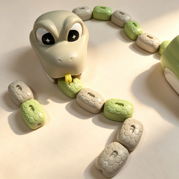 Beige snake toy with green and beige body segments arranged across a tabletop