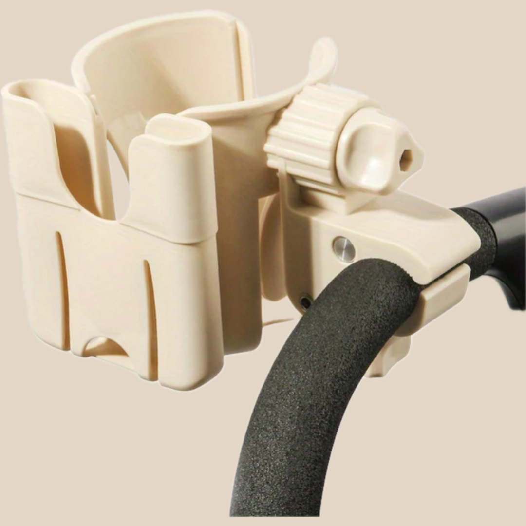 Beige stroller cup and phone holder with an adjustable clamp attached to a padded handle.
