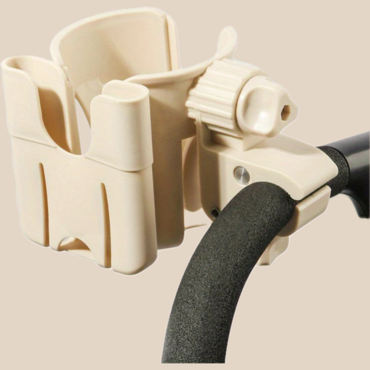 Beige stroller cup and phone holder with an adjustable clamp attached to a padded handle.