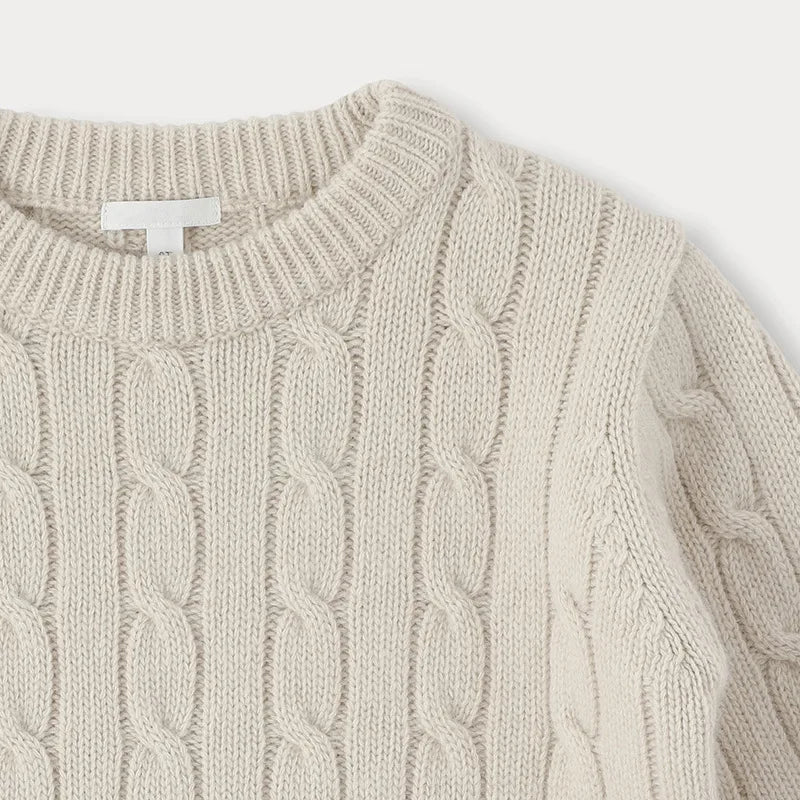 Close-up of a beige sweater's cable-knit texture and ribbed crew neckline