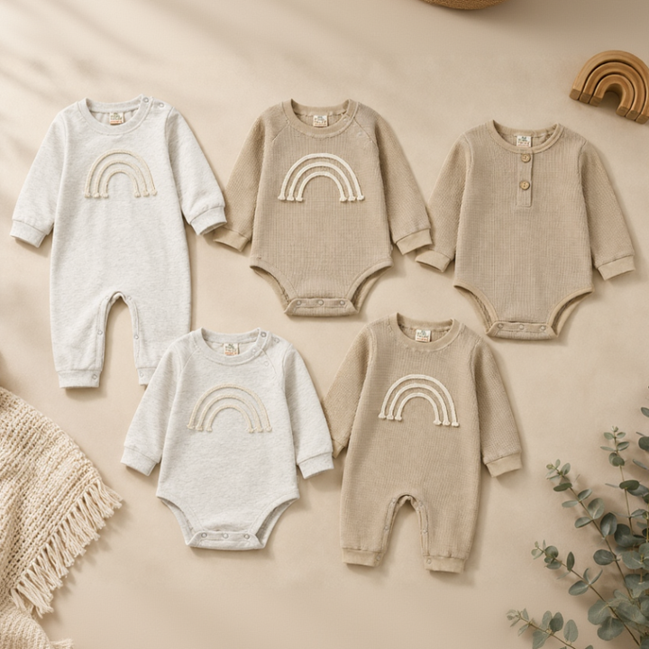 Beige and white baby bodysuits and rompers arranged together, with rainbow and neutral ribbed designs