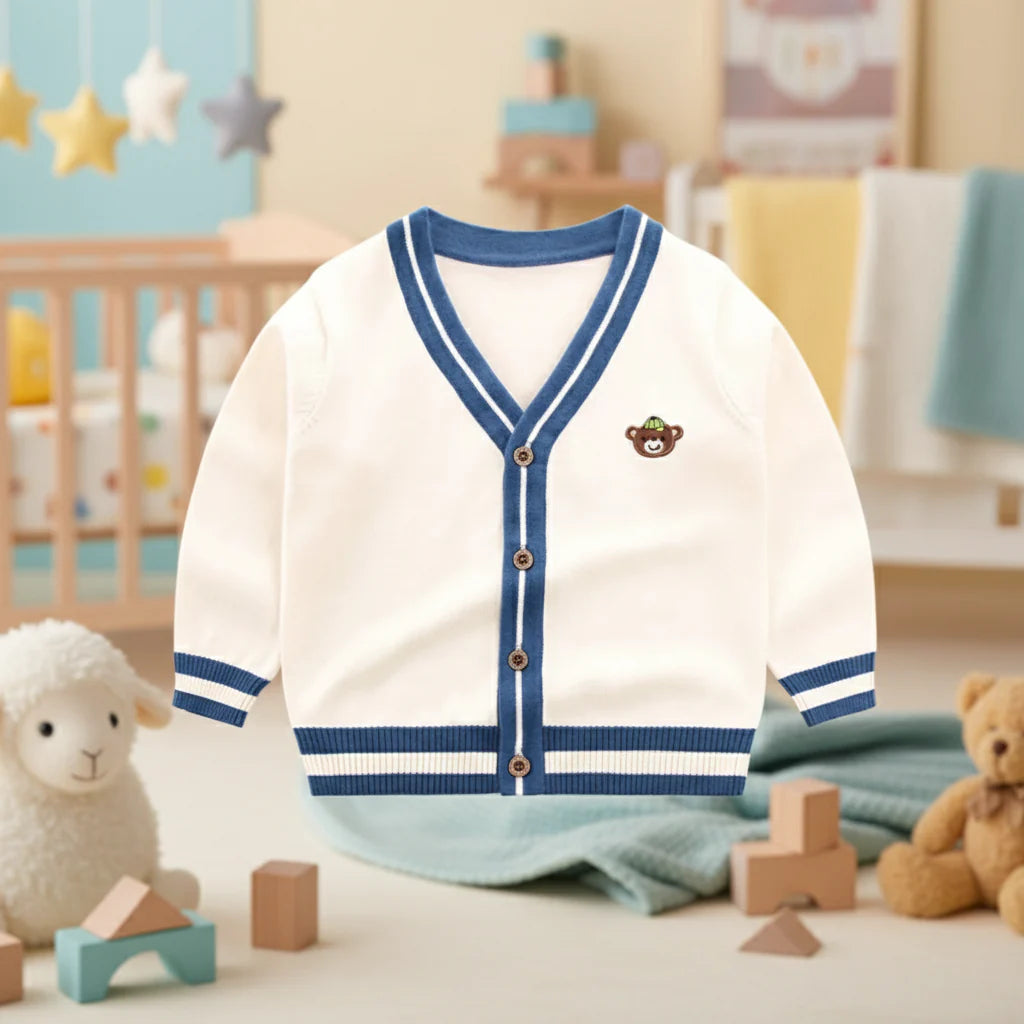 Beige white teddy bear knit cardigan with blue striped edging and front buttons