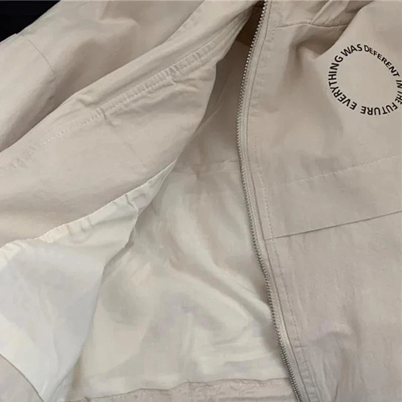 Close-up of the beige jacket&