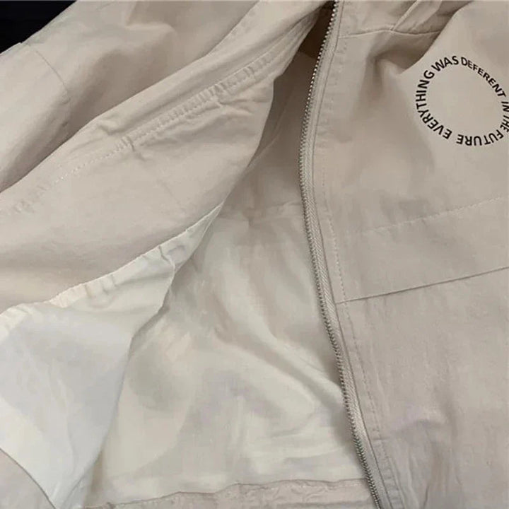 Close-up of the beige jacket&