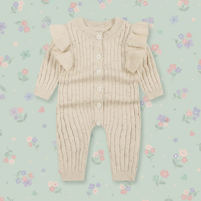 Beige long-sleeve baby romper with ruffled shoulders laid on a floral background