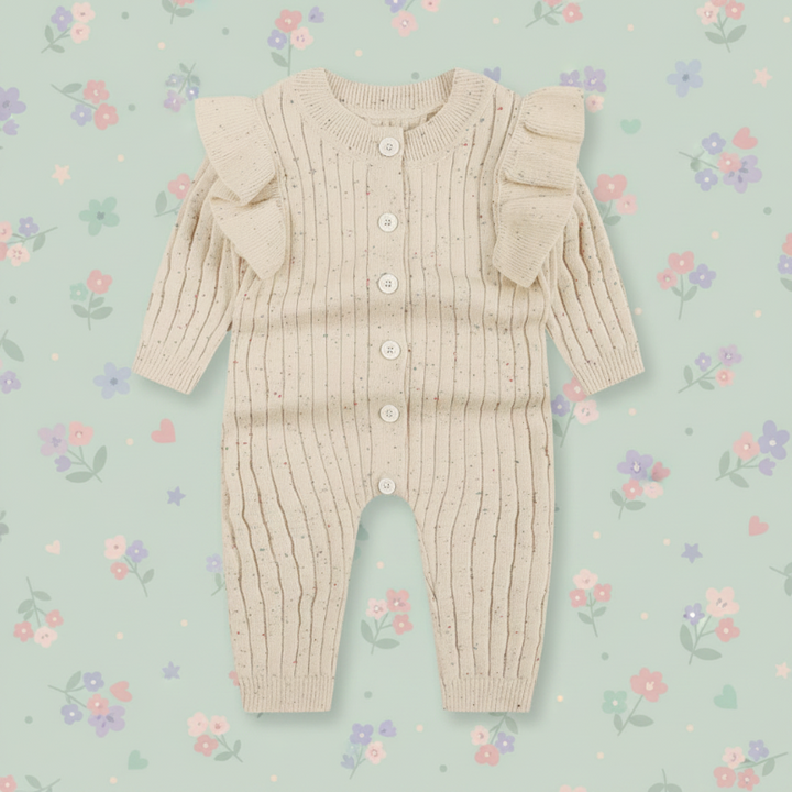 Beige long-sleeve baby romper with ruffled shoulders laid on a floral background