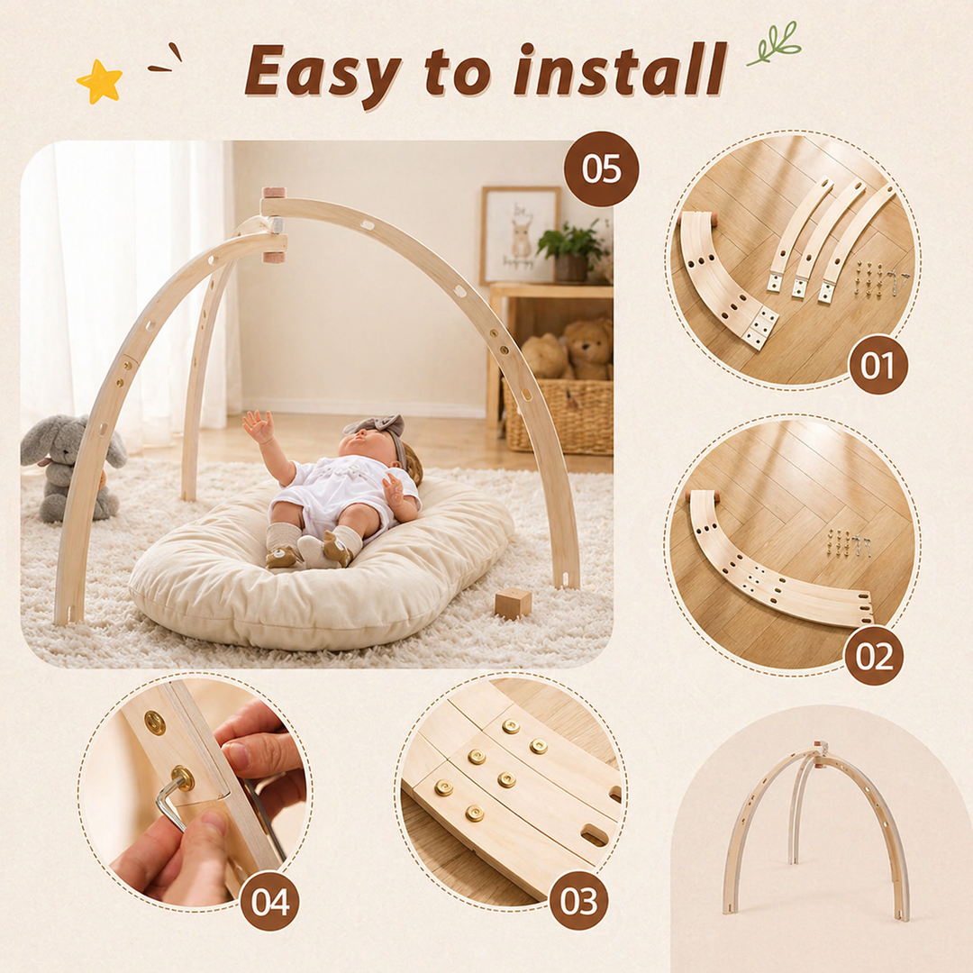 Assembly views showing curved wooden sections, screw fasteners, and the completed baby gym.