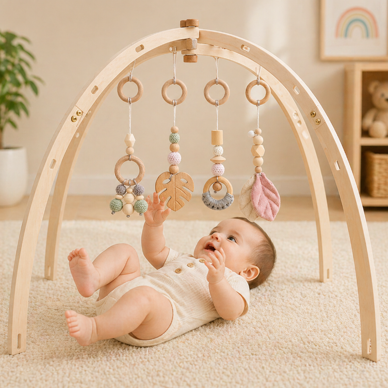 Baby reaching toward pink leaf hanging toys beneath a curved wooden baby gym.