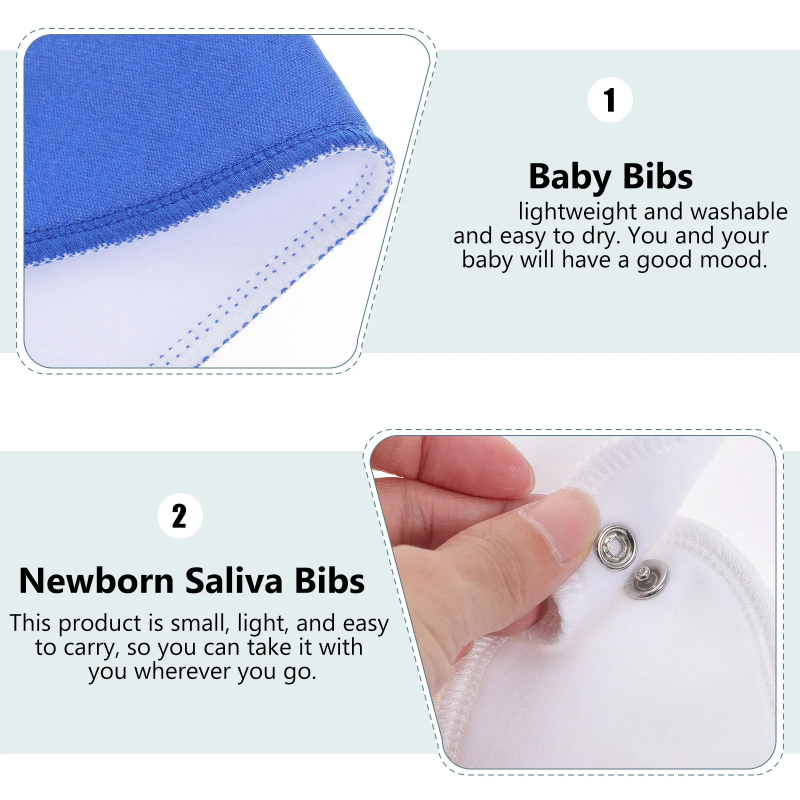 Close-up panels showing bib fabric, edge stitching and adjustable snap buttons