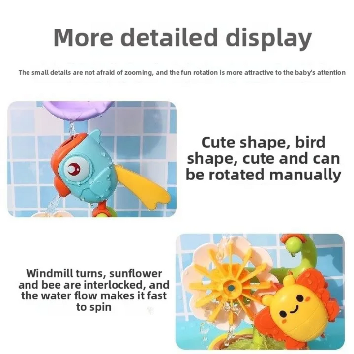 Bird bath toy details showing the bird head and water-driven flower wheels