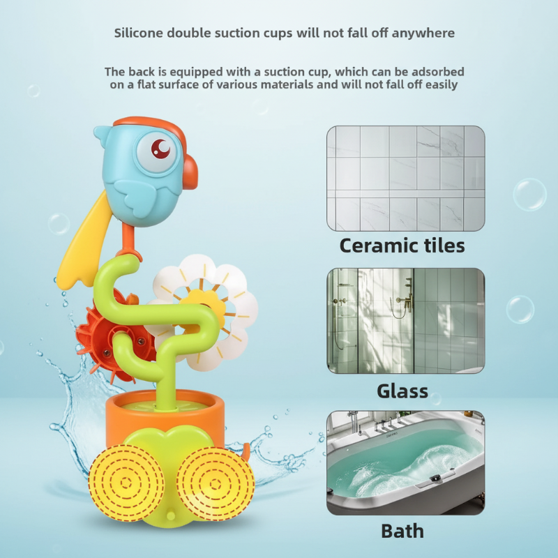 Bird bath toy mounting diagram with tile, glass, and bathtub surface examples