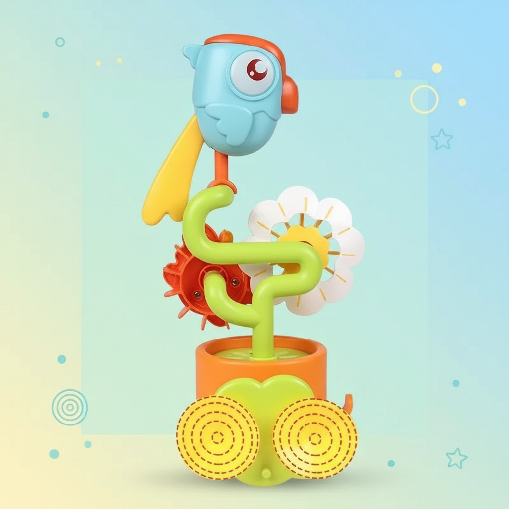 Rear of the bird bath toy with round suction cups and colorful water wheels