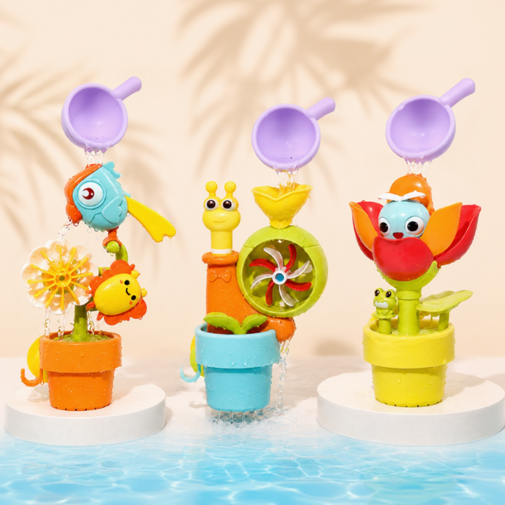 Bird, snail, and flower bath toys in colorful pots with purple pouring scoops